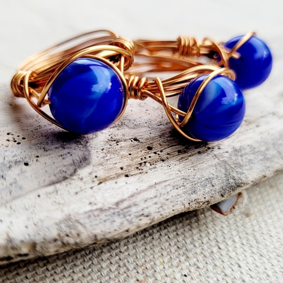 HANDMADE Boho Rings Lot Copper Gold Rose & Silver Wire Wrapped Glass Beads - Picture 3 of 14